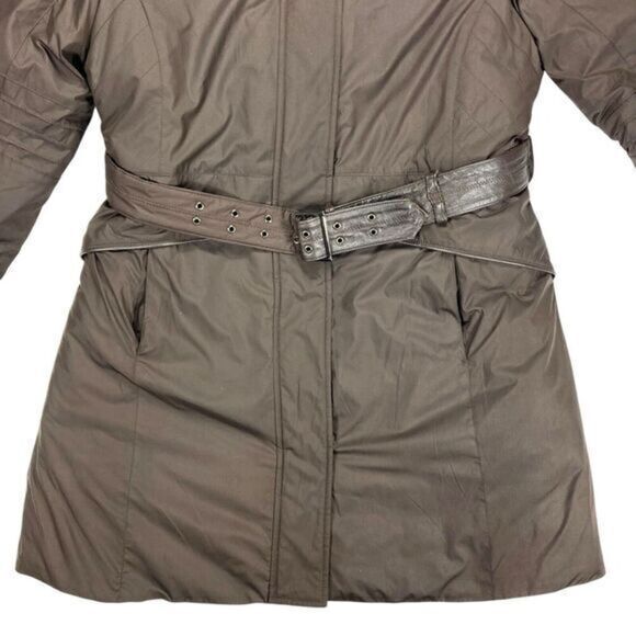 Anne Klein Rabbit Fur Trimmed Coat Sz M Brown Down Filled Belted Classic Jacket - Picture 5 of 16